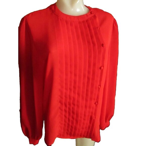 True Vintage David Matthew Red Pleated Button-Front Blouse Womens Size 10 - Picture 2 of 6
